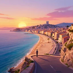 epic professional digital art of a lonely street on a cliff over the sea at sunset in Marseille, large sand beaches, best on artstation, colorful sylvain sarrailh concept art, by peter chan, pixar movie, upscaled, perfect composition , golden ratio