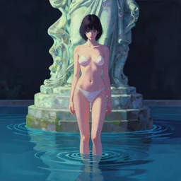 a painting of a woman standing in the water. the woman is standing in front of a statue, a screenshot by stanley twardowicz, cgsociety, aestheticism, aesthetic, vaporwave, anime aesthetic, volumetric lighting