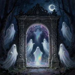 ghosts monsters. ornately carved stone portal with rippled shimmering center. tall dancing ghouls at midnight in the forest. at night. crescent moon night sky. thomas kinkade. digital painting. marc simonetti. dancing ghost ghoul. michael whelan. mysterious rainbow void glow. greg rutkowski. scary. creepy. artstation.