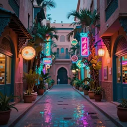 cyberpunk Morocco street,  35mm lens, beautiful panoramic imagery, vibrantly lush neon lighting, beautiful volumetric-lighting-style atmosphere, a futuristic atmosphere, intricate, ultra detailed, photorealistic imagery, trending on artstation, 4k, 8k
