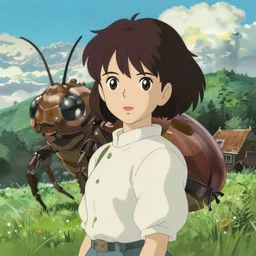 anime art full body portrait character nausicaa with a giant bug by hayao miyazaki concept art, anime key visual of elegant young female, short brown hair and large eyes, finely detailed perfect face delicate features directed gaze, valley of the wind and mountains background, trending on pixiv fanbox, studio ghibli, extremely high quality artwork cute sparkling eyes kyoto animation scenery