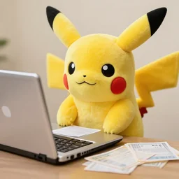 Plush Pikachu tries to pay taxes using an old laptop, photo