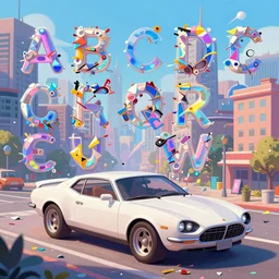 a messy vibrant illustration of a city scene made up of the alphabet, capital letters, abc, digital painting, artstation, concept art, smooth, prismatic, cartoonish, white thunderbird car