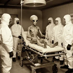 alien on a gurney in hanger with people in hazmat suits standing around, grainy, vintage photo, sepia, old photo, realistic, detailed,