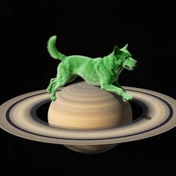 a green dog running on top of a Saturn
