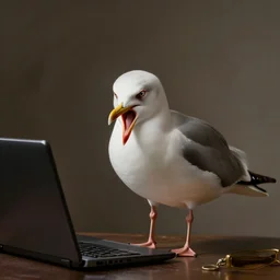 an angry seagull typing at a computer in it's bedroom, studio portrait, dramatic background and lighting