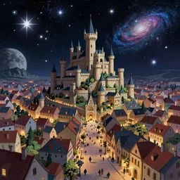 a beautiful sprawling medieval european town built on the moon. view from the city street. many very bright stars and galaxies are in the background. concept art by victor mosquera and petros afshar, kurzgesagt style. detailed colourful 2 d cartoon, luminescent, space art, cosmic horror. sense of awe, behance contest winner.