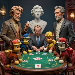 beautiful studio photograph of a surrealist assemblage of skye and marshall and chase from paw patroll playing poker in a saloon, sculpted by ron mueck and matthew barney and rene magritte, hysterical realism intense cinematic lighting shocking detail 8 k