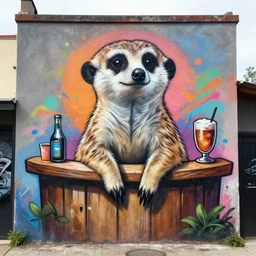 meerkat tavernkeeper as a graffiti mural by lee, masterpiece, trending on artstation