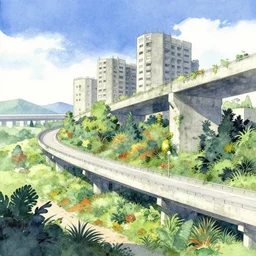 a beautiful brutalist concrete winter sky highway, with exuberant vegetation, art watercolor by yoshitaka amano, trending on artstation