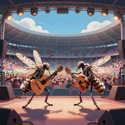 two mosquitos playing two guitars, on a stadium stage, in front of a large audience, digital art