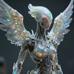 symbiogenesis alien hybrid humanoid androgyne with wings on side of head, concept art, sculpted iridescent glass, intricate detail, style by james jean, circuitry, organic detail, cinematic, epic wide shot, ultra detailed, sharp focus, smooth, cinematic lighting, cinematic detail, composition, photorealistic, 8 k render