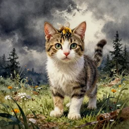 watercolour painting kitten bee hybrid, horror movie