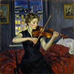 impressionistic painting of a woman playing a violin in a dark bedroom as city lights stream through the window, painting style by salvador dali and degas and manet