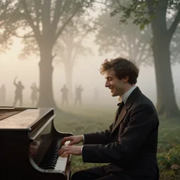 an impressively euphoric 1 8 0 0 s romanticism - inspired photograph depicting a man playing a piano underneath a foggy tree line at dawn inspired by liberty leading the people