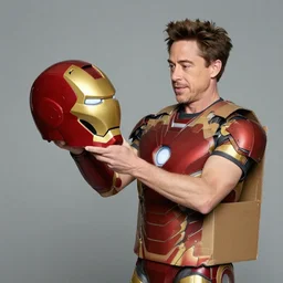 photo of young robert downey jr putting in a brown cardboard fake ironman costume, helmet off