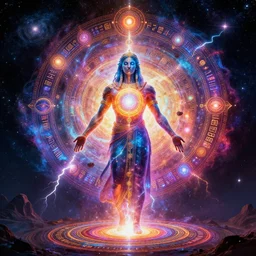 full body cosmic god the core of consciousness, chakras, galaxy, stars, spirals, ancient, lightining, vivid colours, hieroglyphs, symbols evolving consciousness, eyes, unreal enigne 5