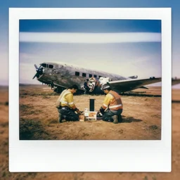 polaroid of Archaeologists Finding a plane, high quality, award winning