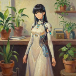 aztec scifi alchemist in a well - lit study with potted plants, wearing a lovely dress with cyberpunk elements. this oil painting by the award - winning mangaka has an interesting color scheme and impeccable lighting.