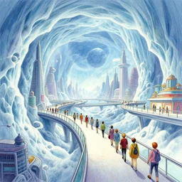 A beautiful illustration of a retro futurism city full of people walking the covered walkways in a massive ice cavern on another world by Daniel merriam | sparth:.3 | Time white:.3 | Rodney Matthews:.3 | Graphic Novel, Visual Novel, Colored Pencil, Comic Book:.2 | unreal engine:.3