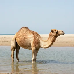 a camel swimming on the beach