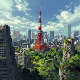 illustration of cyberpunk ruins Tokyo in sky reclaimed by nature, by Otomo Katsuhiro and Annibale Siconolfi, cgsociety, 8K, unreal engine