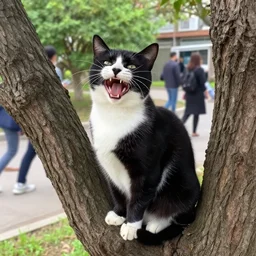 mystic cat sitting on a tree and laughing on people that walk nearby