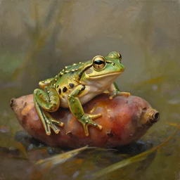 🍠🐸. gouache and gold paint, russian romanticism, muted palette, backlighting, depth of field.