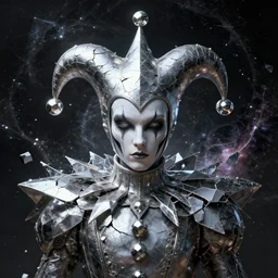 front shot of a court jester character fine portrait fine portrait mesmerizing fractal hyper cubes platinum cracked dark future hyper dimensional space galactic crystal shard nebula edges elegant detailed intricate concept artstation sharp focus cinematic masterpiece temporal corruption beeple wlop lok du germ gustave dore 8 4 k scifi ray tracing nvidia octane render