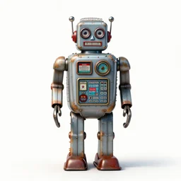 weathered retro tin robot, detailed 3d character render, full body, standing, isolated on a pure white background, centered, whole figure in frame, sharp focus, studio lighting