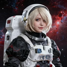 highly detailed portrait of a hopeful pretty astronaut lady with a wavy blonde hair, by Catherine Hyde, 4k resolution, nier:automata inspired, bravely default inspired, vibrant but dreary but upflifting red, black and white color scheme!!! ((Space nebula background))