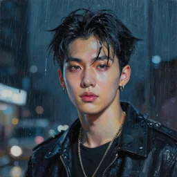a beautiful painting artwork portrait of a kpop icon on a rainy night, cyberpunk, by ilya kuvshinov featured on artstation