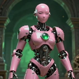 hyperrealistic hyperdetailed medieval mechanical iridescent pink humanoid winking concept art santiago caruso de chirico sharp very dramatic green light 8k low angle shallow depth of field