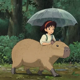 a young girl with her large pet capybara walking through the forest, raining, holding umbrella, art by hayao miyazaki, studio ghibli film, 4k, hi res, high detail