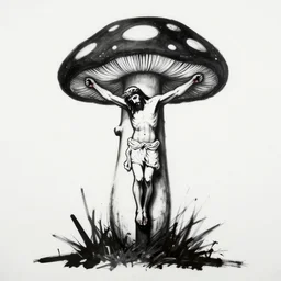 bloody christ crucified looking like a big mushroom painted in black and white by cy twombly and andy warhol