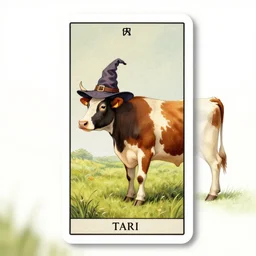 a detailed tarot card of a cow standing in a grassy field wearing a witch hat, cow wearing hat!!! viewed in profile and far away, fog in the background, ultrawide lens, aerial photography, black and blue color scheme with gold highlights, art by greg rutkowski and alphonse mucha, artstation, 8 k