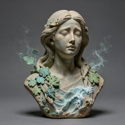 bust sculpture of crying female, foliage fractal displacement projected and fading out into waves, clay render