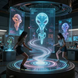 Ladies spinning very fast in holograms of alien artifacts, electrical case display, total recall tech, , ultrarealistic, dramatic lighting, electrical details, high details, 4k, 8k, best, accurate, trending on artstation, artstation, photorealism, ultrarealistic, digital painting, style of Peter Mohrbacher, Caravaggio, Boris Vallejo