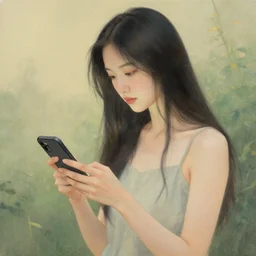 nature goddess checking her phone, art by huang guangjian
