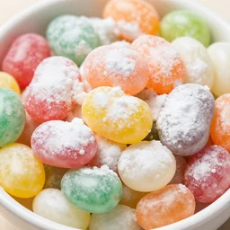 macro image of a bowl full of powdered jelly beans, realistic.