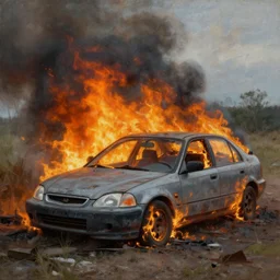 abandoned honda civic on fire, detailed painting, epic lighting, by ilya repin, phil hale and kent williams