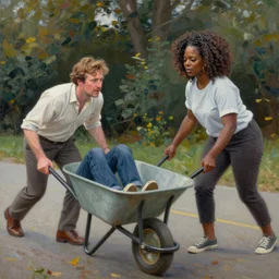 jim varney pushing a wheel barrow with oprah in it, an oil painting by ross tran and thomas kincade