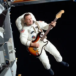 color photos of roy buchanan playing his telecaster guitar on the iss space station, floating in zero gravity, nasa style photoshoot