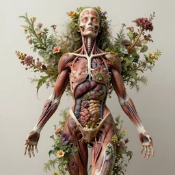 beautiful and detailed rotten woman corpse made of fractal plants and many different types of flowers, muscles, veins, arteries, intricate, organs, ornate, surreal, john constable, guy denning, dan hillier
