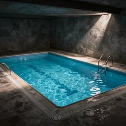 an empty swimming pool in a dark basement