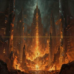a painting of a cinematic keyframe of a cyberpunk distopian city, arcane league of legends like, with fire by greg rutkowski, rule of thirds, golden ratio, ambient lighting, wlop, artgerm, artstation, highly detailed masterpiece, dark fantasy art, high detail, trending on artstation