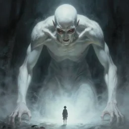 a beautiful terrifying immense pale humanoid giant looms over a tiny human. ethereal horror fantasy art by artgerm and greg rutkowski