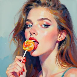portrait of beautiful woman licking a lollipop painted with colorful gouache impasto