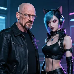 photorealistic bald walter white meeting cyberpunk catgirl , advanced anime digital art