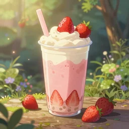 colored milk tea, rice cream, strawberry embellishment, trending on studio ghibli, dreamy, soft, global illumination, radiant light, intricate environment, luminescence, highly detailed, 8 k